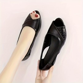 Women's Solid Color Stylish Sandals, Slip On Side Cute Out Wedge Shoes, Versatile Non-slip Soft Shoes