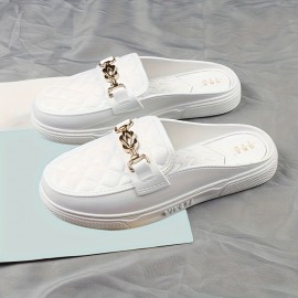 Women's Buckle Decor Flat Mules, Fashion Round Toe Slip On Slide Sandals, All-Match Daily Outdoor Slides