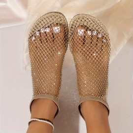 Women's Rhinestone Pattern Sandals, Slip On Soft Sole Flat Hollow Out Shoes, Summer Transparent Beach Shoes
