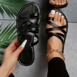 Women's Toe Loop Slide Sandals, Casual Cross Strap Slip On Flats, Lightweight Beach Shoes