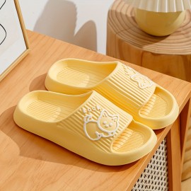 Cute Kitty Pattern EVA Slides, Solid Color Wear-resistant Indoor Shoes, Quick Drying Bathroom Slides