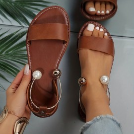 Women's Open Toe Flat Sandals, Faux Pearl Metallic Ankle Strap Slip On Shoes, Fashion Summer Beach Sandals