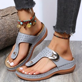 Women's Wedge Heeled Flip Flops, Solid Color Open Toe Beachwear Comfy Slippers, Women's Outside Wear Casual Shoes