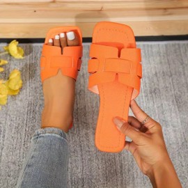 Women's Flat Square Toe Slippers, Fashion Open Toe Slides Shoes, Casual Outdoor Slippers