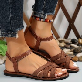 Women's Solid Color Flat Sandals, Casual Cross Strap Summer Beach Shoes, Lightweight Elastic Band Shoes