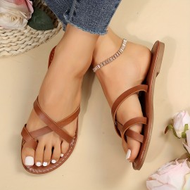 Women's Solid Color Thong Sandals, Slip On Open Toe Cross Strap Lightweight Flat Slides Shoes, Summer Beach Comfy Shoes