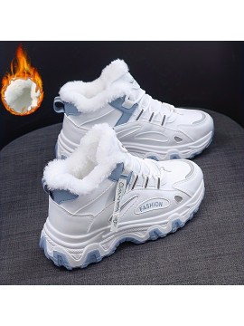Women's Casual Sneakers, Color-block Thick Sole Chunky Sneakers, Warm Plush Lined Anti-slip Running Shoes
