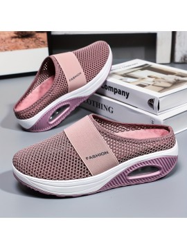 Women's Solid Color Mesh Sneakers, Slip On Soft Sole Platform Home Casual Shoes, Breathable Half Drag Slides Shoes