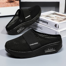 Women's Solid Color Mesh Sneakers, Slip On Soft Sole Platform Home Casual Shoes, Breathable Half Drag Slides Shoes