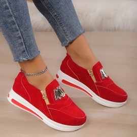 Women's Solid Color Platform Sneakers, Slip On Round Toe Non-slip Side Zipper Low-top Soft Shoes, Outdoor Comfy Shoes