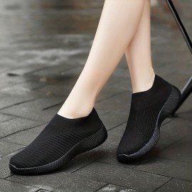 Women's Knitted Sock Shoes, Solid Color Breathable Low Top Slip On Shoes, Lightweight Walking & Running Gym Shoes