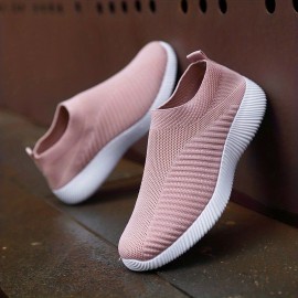 Women's Knitted Sock Shoes, Solid Color Breathable Low Top Slip On Shoes, Lightweight Walking & Running Gym Shoes