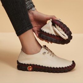 Women's Flat Low Top Sneakers, Solid Color Soft Sole Faux Leather Shoes, Comfy Lace Up Walking Trainers