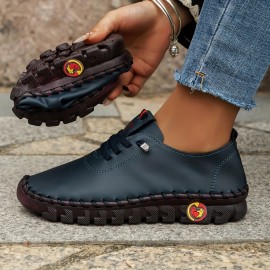 Women's Flat Low Top Sneakers, Solid Color Soft Sole Faux Leather Shoes, Comfy Lace Up Walking Trainers