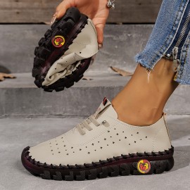 Women's Soft Sole Sneakers, Casual Lace Up Faux Leather Loafers, Lightweight Low Top Walking Shoes