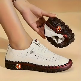 Women's Soft Sole Sneakers, Casual Lace Up Faux Leather Loafers, Lightweight Low Top Walking Shoes