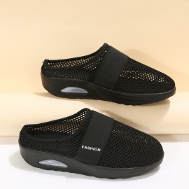 Women's Mesh Flat Shoes, Air Cushion Half Slippers, Slip On Breathable Casual Shoes