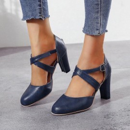 Women's Cross Strap Chunky High Heels, Solid Color Round Toe D'Orsay Pumps, Buckle Strap Sandals