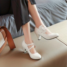 Round Toe Pumps Kitten Heels, Bowknot Ankle Straps PU Leather Fashion Dance Work Dress Chunky Shoes, Women's Footwear