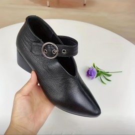Women's Solid Color Trendy Shoes, Ankle Buckle Comfy Chunky Heel Daily Shoes, Versatile Point Toe Soft Sole Shoes