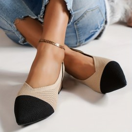 Women's Knitted Chunky Low Heels, Pointed Toe & Cap Toe Slip On Shoes, Comfy Breathable Low Heels