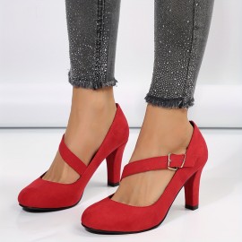 Women's Solid Color Block Heels, Elegant Buckle Strap Dress Pumps, Comfortable Black Heels