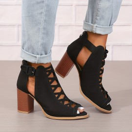 Women's Chunky Heeled Sandals, Peep Toe Cut-out Buckle Strap Stacked Heels, Retro High Heels