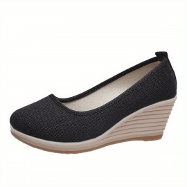 Women's Mesh Wedge Shoes, Breathable Soft Sole Slip On Shoes, Casual Linen Soft Wedge Heels