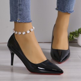 Women's Solid Color Trendy Shoes, Slip On Shallow Mouth Casual High Heels, Point Toe Party Shoes