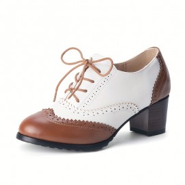 Women's Perforated Pumps, Colorblock Lace Up Stacked Chunky Heels, Retro Mid Heels