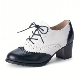 Women's Perforated Pumps, Colorblock Lace Up Stacked Chunky Heels, Retro Mid Heels