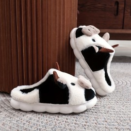 Women's Cute Cow Design Slippers, Casual Slip On Plush Lined Platform Shoes, Warm Indoor Slippers