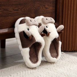 Women's Cute Cow Design Slippers, Casual Slip On Plush Lined Platform Shoes, Warm Indoor Slippers