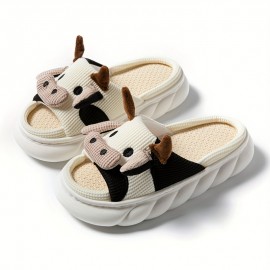 Women's Kawaii Cartoon Cow House Slippers, Casual Slip On Platform Slippers, Comfortable Indoor Shoes