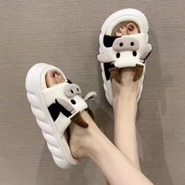 Women's Kawaii Cartoon Cow House Slippers, Casual Slip On Platform Slippers, Comfortable Indoor Shoes