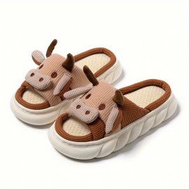 Women's Kawaii Cartoon Cow House Slippers, Casual Slip On Platform Slippers, Comfortable Indoor Shoes
