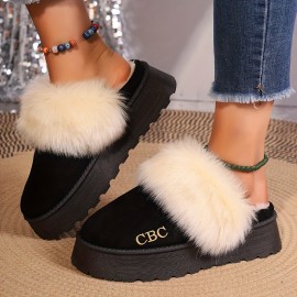 Fluffy Furry Platform House Slippers, Closed Toe Plush Lined Thermal Shoes, Winter Warm Home Fuzzy Slippers