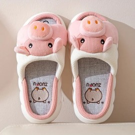 Women's Kawaii Animal Novelty Slippers, Cute Cartoon Flax Memory Foam Home Shoes, Comfy Open Toe Bedroom Slippers