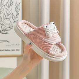 Women's Cute Cartoon Printed Slipper, Slip On Open Toe Home Non-slip Linen Sole Slides Shoes, Cozy Plush Indoor Shoes