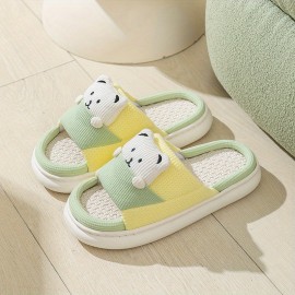 Women's Cute Cartoon Printed Slipper, Slip On Open Toe Home Non-slip Linen Sole Slides Shoes, Cozy Plush Indoor Shoes