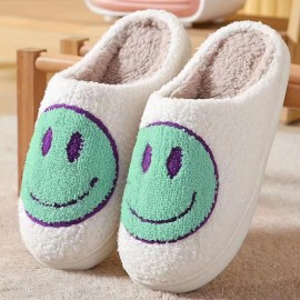 Kawaii Design Smiling Face Slippers, Warm Slip On Soft Plush Cozy Shoes, Women's Indoor Home Slippers