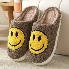 Kawaii Design Smiling Face Slippers, Warm Slip On Soft Plush Cozy Shoes, Women's Indoor Home Slippers