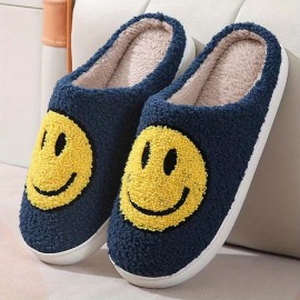 Kawaii Design Smiling Face Slippers, Warm Slip On Soft Plush Cozy Shoes, Women's Indoor Home Slippers