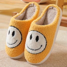 Kawaii Design Smiling Face Slippers, Warm Slip On Soft Plush Cozy Shoes, Women's Indoor Home Slippers