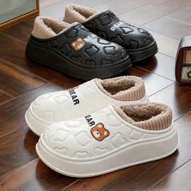 Cute Bear Waterproof Slippers, Cozy & Warm Plush Lined Slip On Shoes, Winter Indoor & Outdoor Slippers