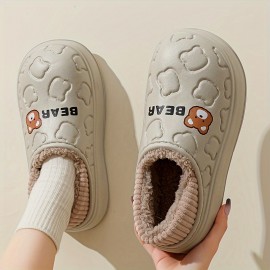 Cute Bear Waterproof Slippers, Cozy & Warm Plush Lined Slip On Shoes, Winter Indoor & Outdoor Slippers