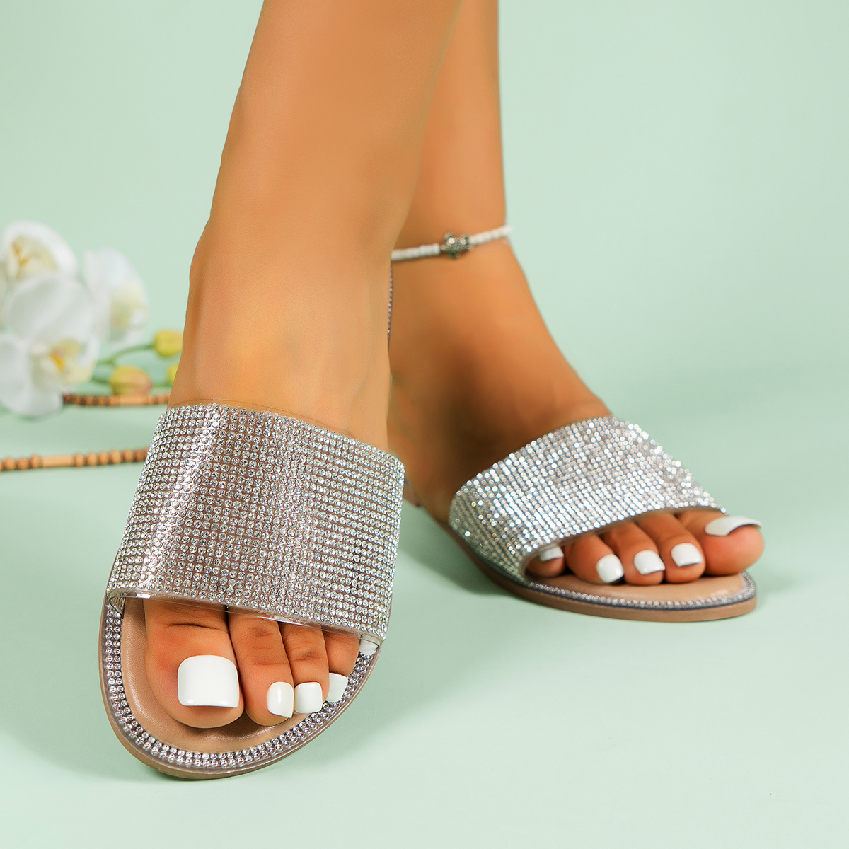 womens rhinestone flat slippers glitter open toe non slip slides shoes casual outdoor slippers details 2