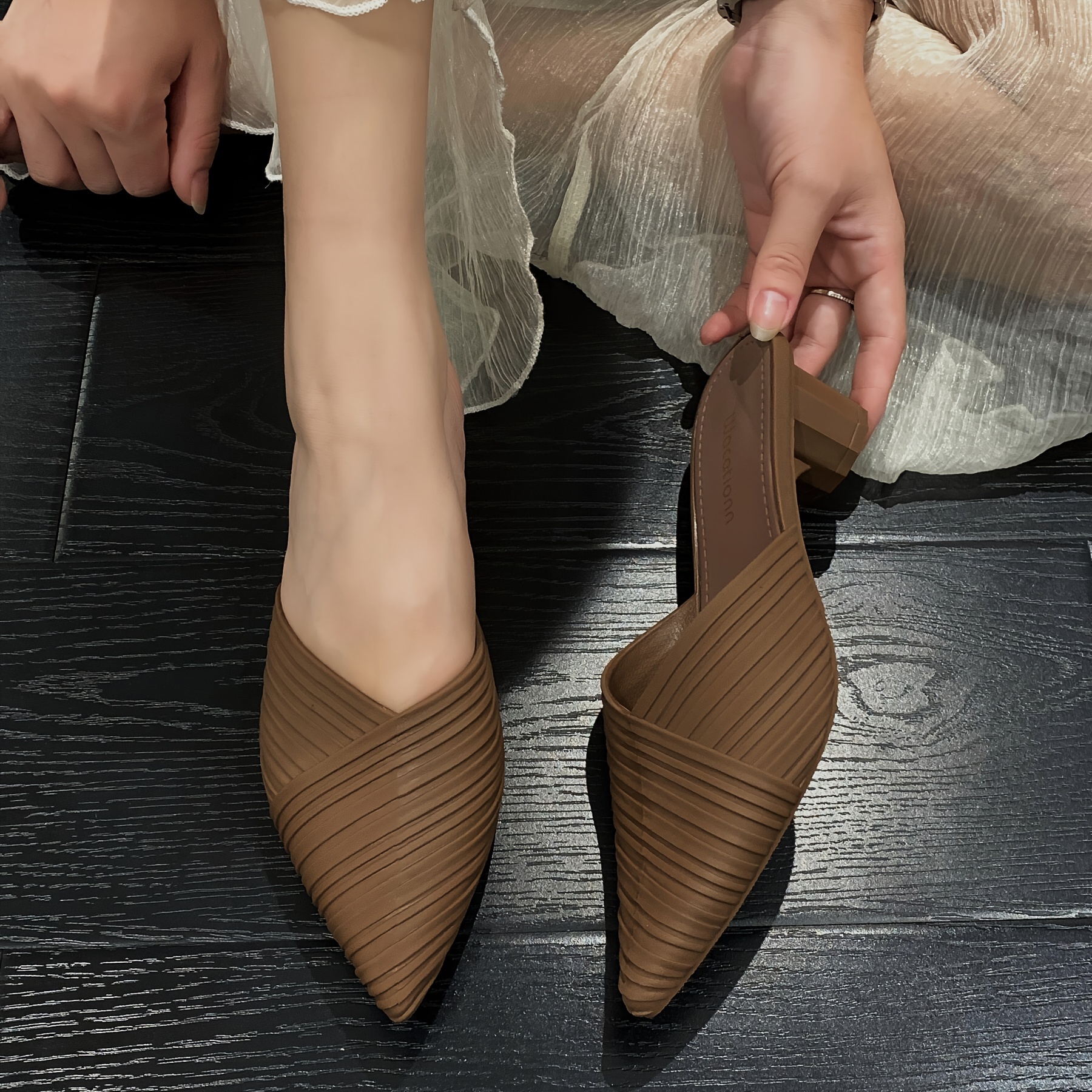 womens solid color chunky heels casual point toe slip on pumps womens summer comfortable heels details 3