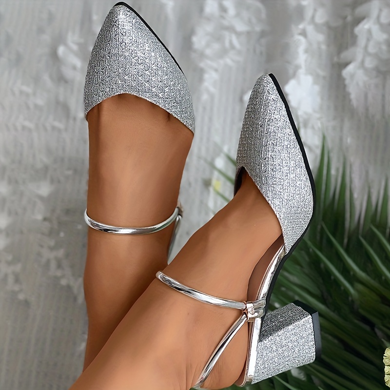 womens chunky heeled sandals pointed toe two way wear slip on slingback mid heels wedding dress party sandals details 3